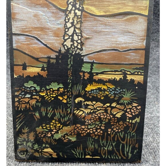 Wood Arts & Crafts Decorative Panel Carved Southwestern Landscape Desert Plaque - Picture 3 of 10